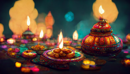 illustation of Diwali festival of lights tradition Diya oil lamps against dark backgroundの写真素材