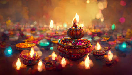 illustation of Diwali festival of lights tradition Diya oil lamps against dark backgroundの写真素材