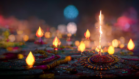 illustation of Diwali festival of lights tradition Diya oil lamps against dark backgroundの写真素材