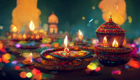 illustation of Diwali festival of lights tradition Diya oil lamps against dark backgroundの写真素材