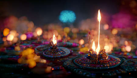 illustation of Diwali festival of lights tradition Diya oil lamps against dark backgroundの写真素材