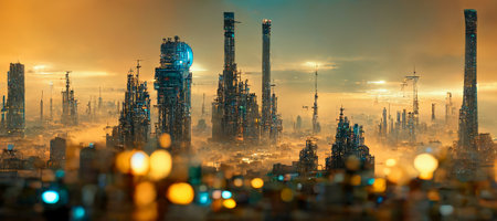 design of sunset in city with a steampunk theme   concept of future of steampunk , factory city abstract illustation designの写真素材