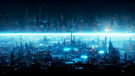 Futuristic city scene in a space with a grow light reflexの写真素材