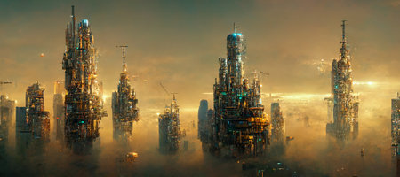 design of sunset in city with a steampunk theme   concept of future of steampunk , factory city abstract illustation designの写真素材