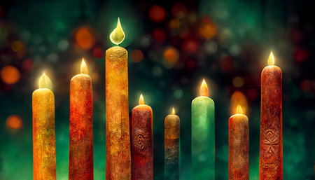 Kwanzaa holiday concept with a candle on blurred backgroundの写真素材