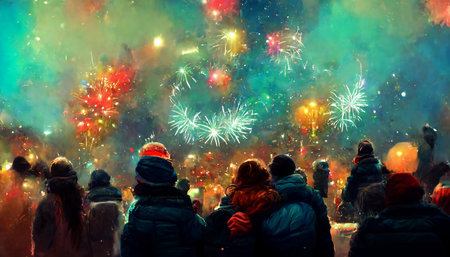 illustation of crowed people on the floor looking to firework festivalの写真素材