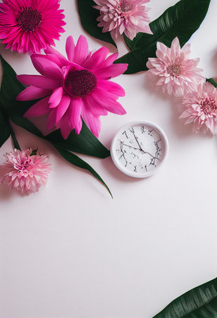 abstract pink flower bloom, flat layout , top viewの写真素材