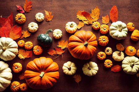 happy pumkin and autumn leaf  on  a wood of tableの写真素材