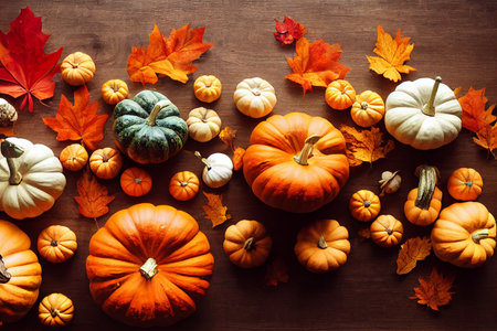 happy pumkin and autumn leaf  on  a wood of tableの写真素材