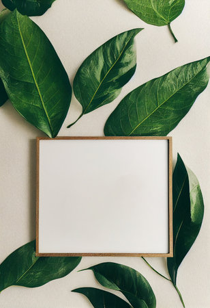 Leaf and picture frame  on white backgroundの写真素材
