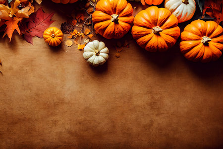 happy pumkin and autumn leaf  on  a wood of tableの写真素材