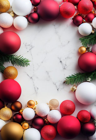 Christmas Background  , Frame decoration with a Ornament Ball and Copy Space for a textの写真素材