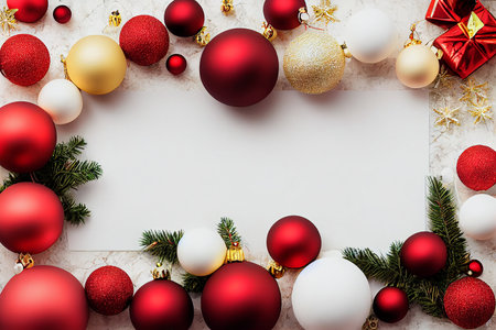 Christmas Background  , Frame decoration with a Ornament Ball and Copy Space for a textの写真素材