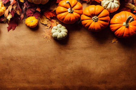 happy pumkin and autumn leaf  on  a wood of tableの写真素材