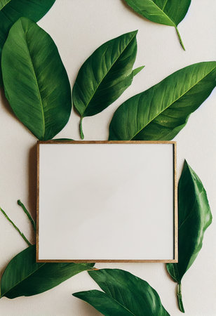Leaf and picture frame  on white backgroundの写真素材