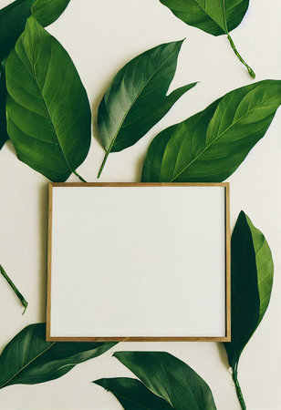 Leaf and picture frame  on white backgroundの写真素材