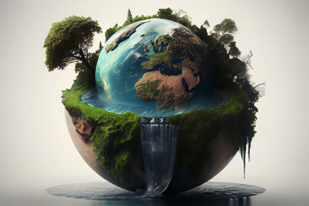 Earth Day concept , world planet with a tree waterfall sea lake on worldの写真素材