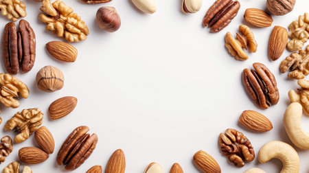 Variety of Whole Nuts Arranged Around a Blank Center Spaceの素材