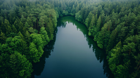 A tranquil overhead view of a lake surrounded by lush forest greeneryの素材