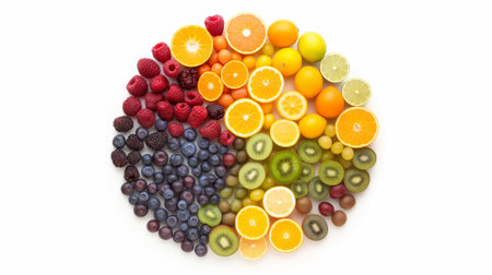Various Vibrant Fresh Fruits Arranged in a Semi-Circle Patternの素材