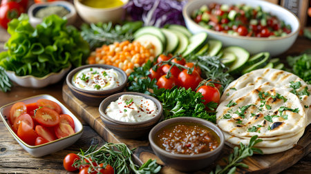 An array of fresh vegetables, dips, and flatbread presented appealingly on a rustic wooden table.の素材
