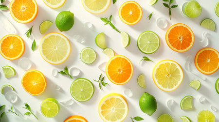 Sliced Citrus Fruits and Green Leaves Arrangementの素材