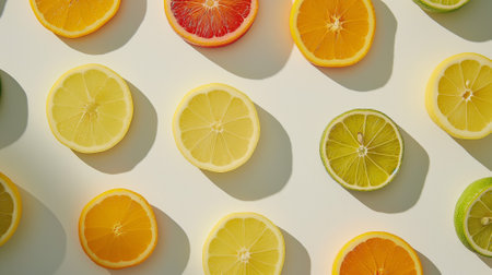 A colorful array of citrus fruit slices arranged neatlyの素材