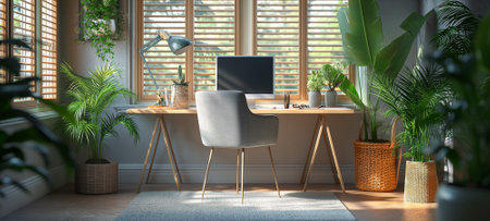 A modern and tranquil home office setup with greenery and natural lighting.の素材