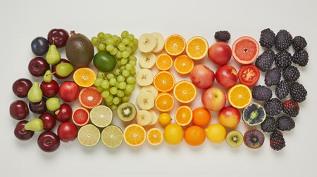 A variety of whole and sliced fruits displayed on a white backgroundの素材