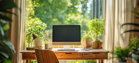 A serene work environment featuring a computer and potted plants with natural light.の素材