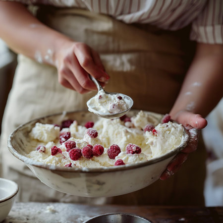 A person serving whipped cream with berries in a vintage bowlの素材