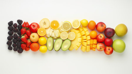 Assorted fresh fruits arranged in a rainbow gradient, showcasing a variety of textures and colors on a clean white surface.の素材