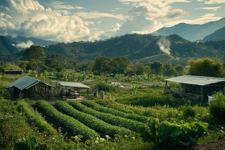 Scenic view of a farming village with lush greenery and mountainsの素材