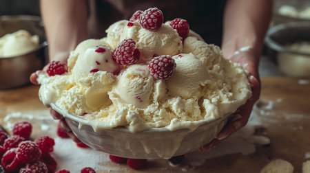 A bountiful serving of vanilla ice cream garnished with fresh raspberries in a ceramic bowl, presented by a person against a rustic kitchen backdrop.の素材