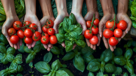 Multiple Hands Holding Ripe Tomatoes and Fresh Basil Leavesの素材