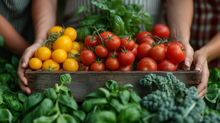 Hands Holding a Crate of Ripe Tomatoes and Basil Amidst Greensの素材
