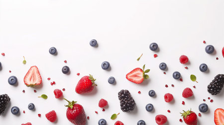Creative Food Arrangement with Various Berries on a White Surfaceの素材