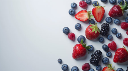 Creative Food Arrangement with Various Berries on a White Surfaceの素材