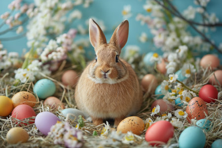 Serene Rabbit Amidst Easter Eggs and Spring Flowersの素材