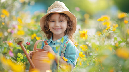 young Child's Delight in Watering Daisies: Innocence and Growth in Natureの素材
