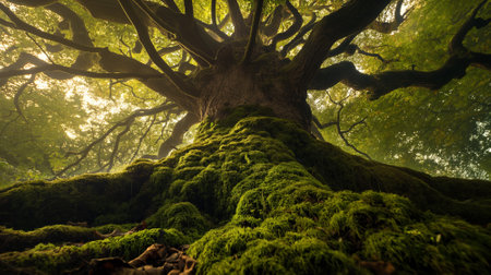 Enchanting Oak Majesty: Sunlight Filtering Through Ancient Tree Canopyの素材