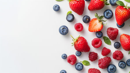 Creative Food Arrangement with Various Berries on a White Surfaceの素材