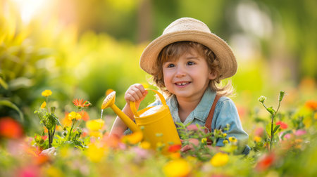 young Child's Delight in Watering Daisies: Innocence and Growth in Natureの素材