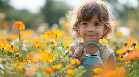 young Child's Delight in Watering Daisies: Innocence and Growth in Natureの素材