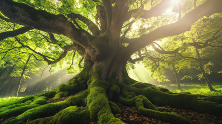 Enchanting Oak Majesty: Sunlight Filtering Through Ancient Tree Canopyの素材