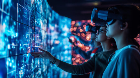 Engrossed in the Digital World - Man with VR Headset Exploring Virtual Spaceの素材