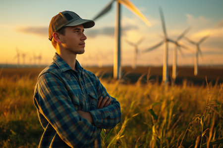Portrait of a Renewable Energy Engineer at turbine Farm at Duskの素材