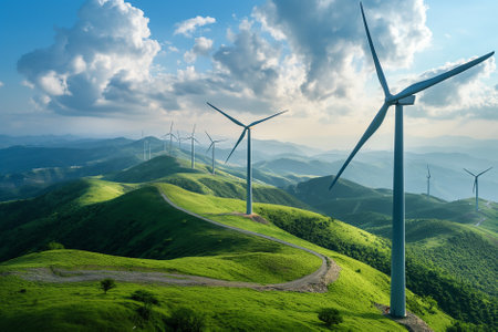 Wind Turbines Crown the Rolling Hills under a Cloudy Skyの素材