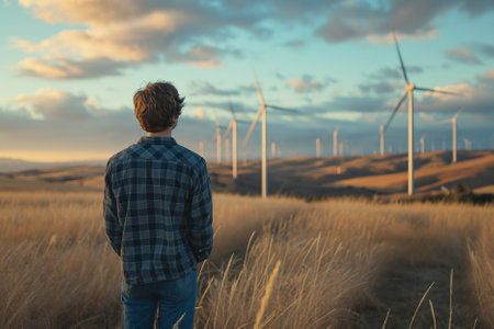 Portrait of a Renewable Energy Engineer at turbine Farm at Duskの素材