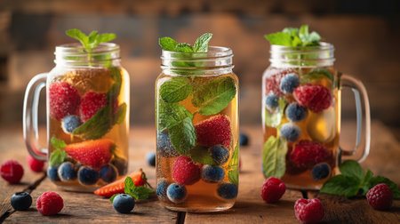 Refreshing Citrus and Berry Infused Water on Rustic Wooden Backgroundの素材